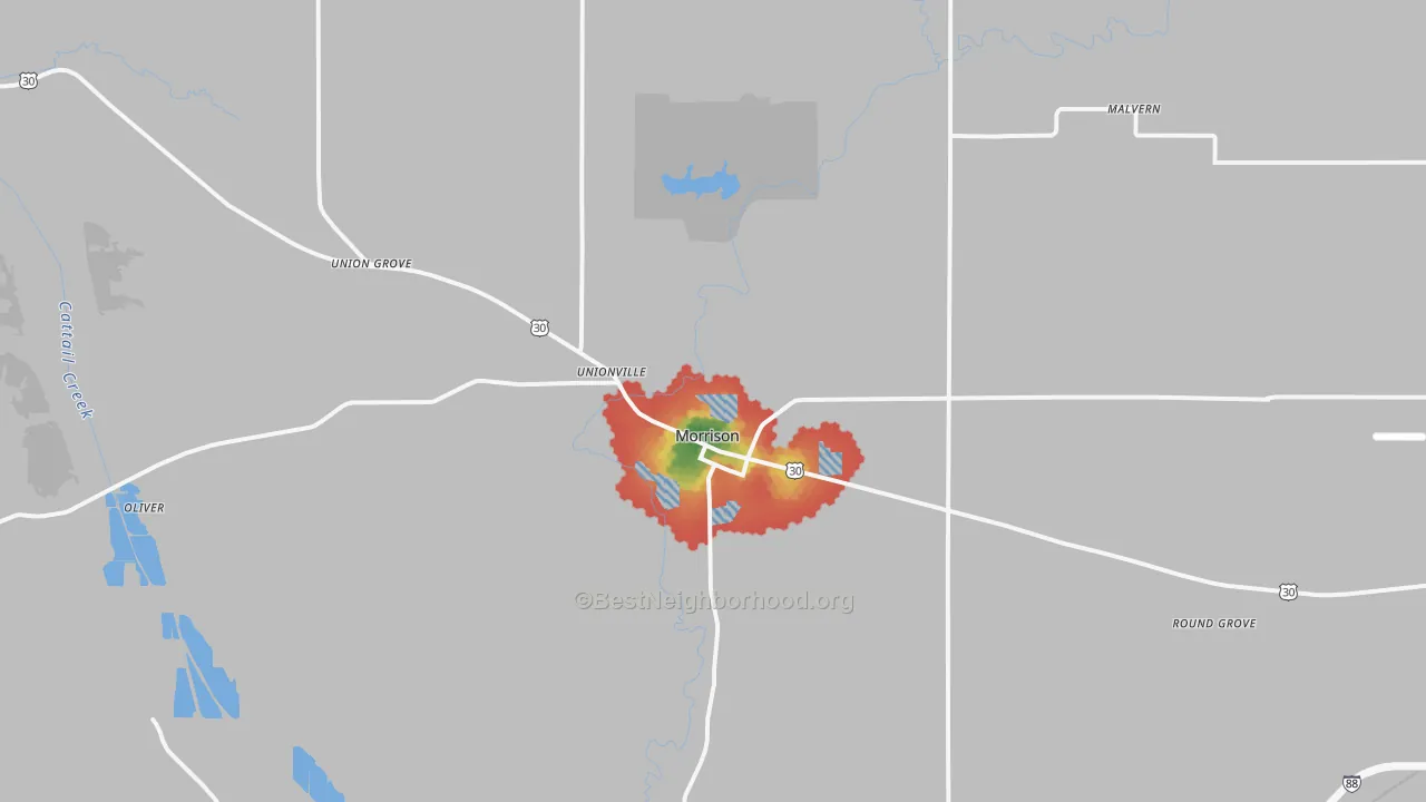Walk Grade map of 61270, IL, walkable areas in green and car-dependent areas in red