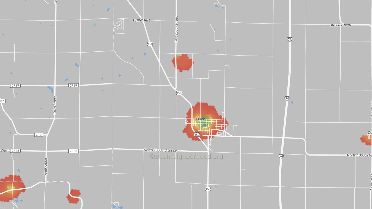 Walk Grade map of 61273, IL, walkable areas in green and car-dependent areas in red