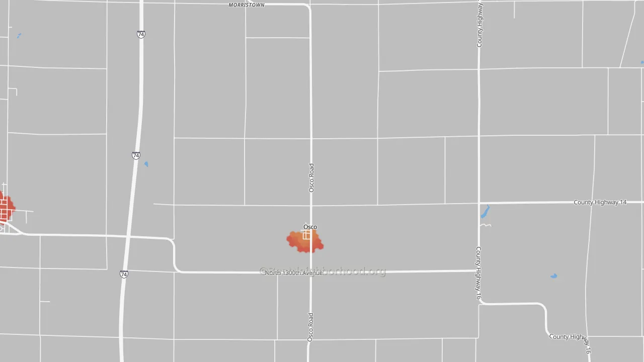 Walk Grade map of 61274, IL, walkable areas in green and car-dependent areas in red