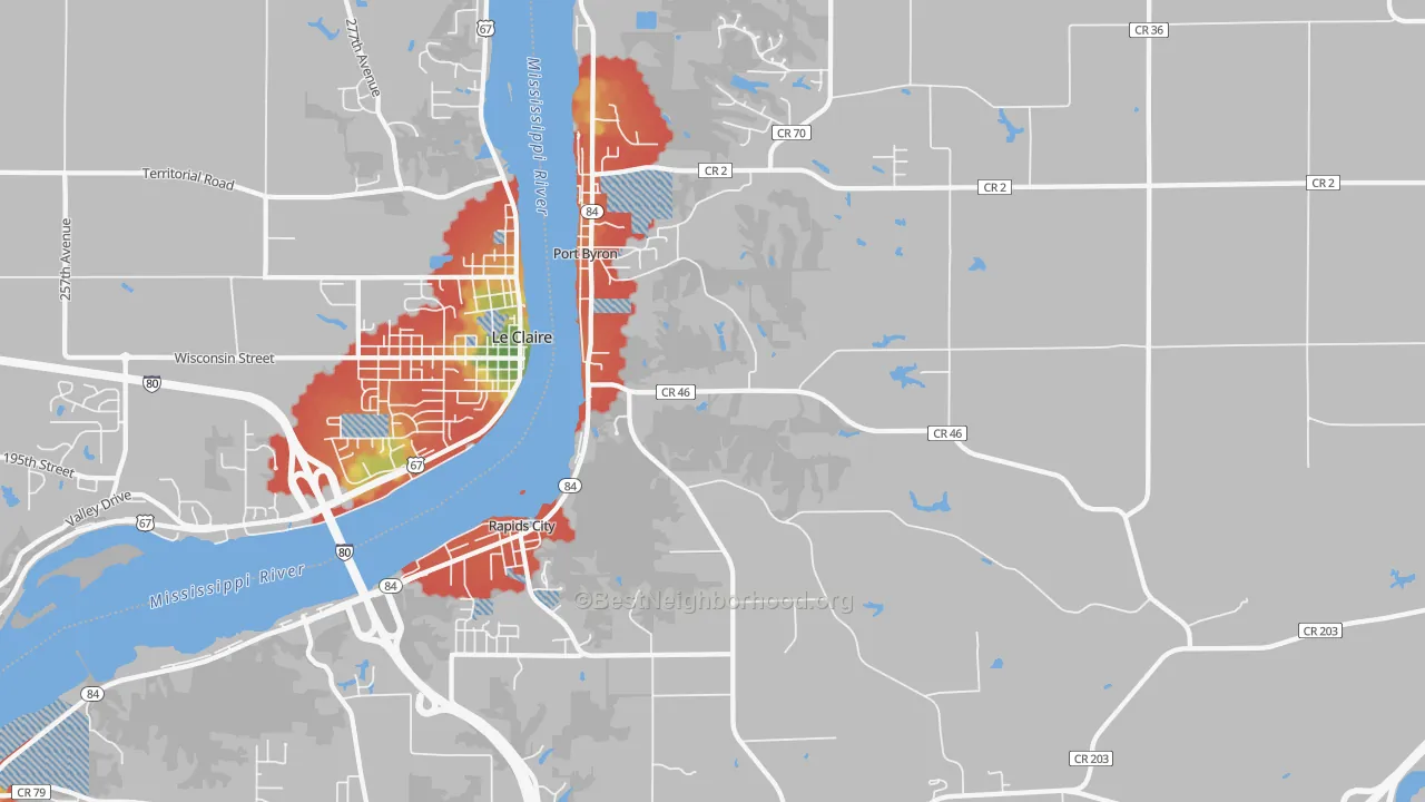 Walk Grade map of 61275, IL, walkable areas in green and car-dependent areas in red