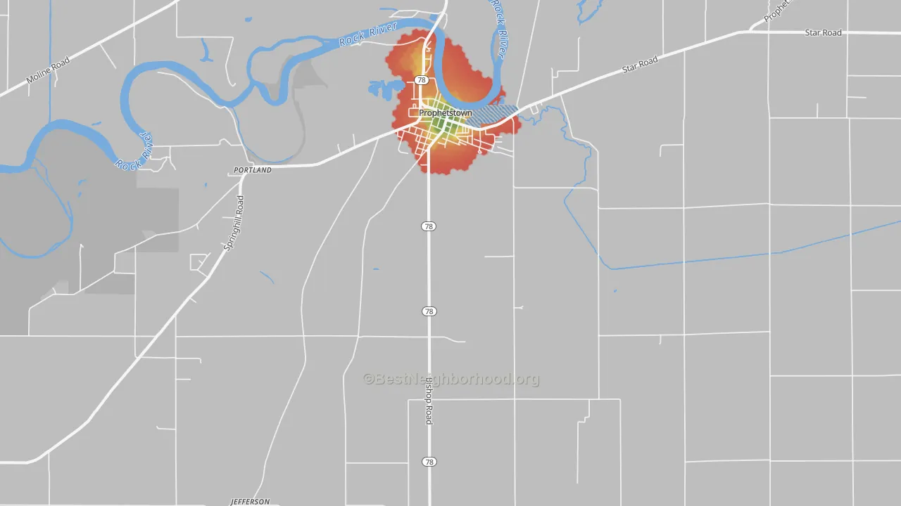 Walk Grade map of 61277, IL, walkable areas in green and car-dependent areas in red