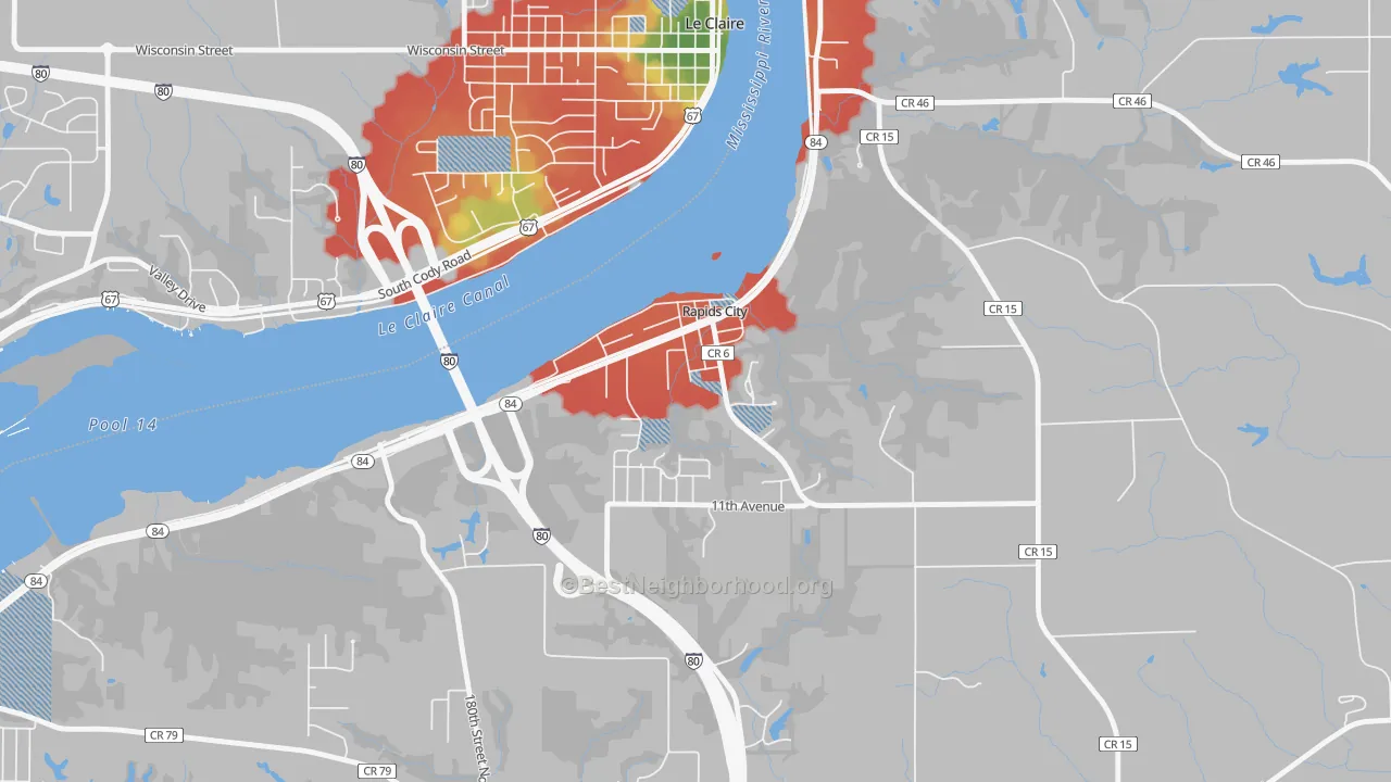 Walk Grade map of 61278, IL, walkable areas in green and car-dependent areas in red