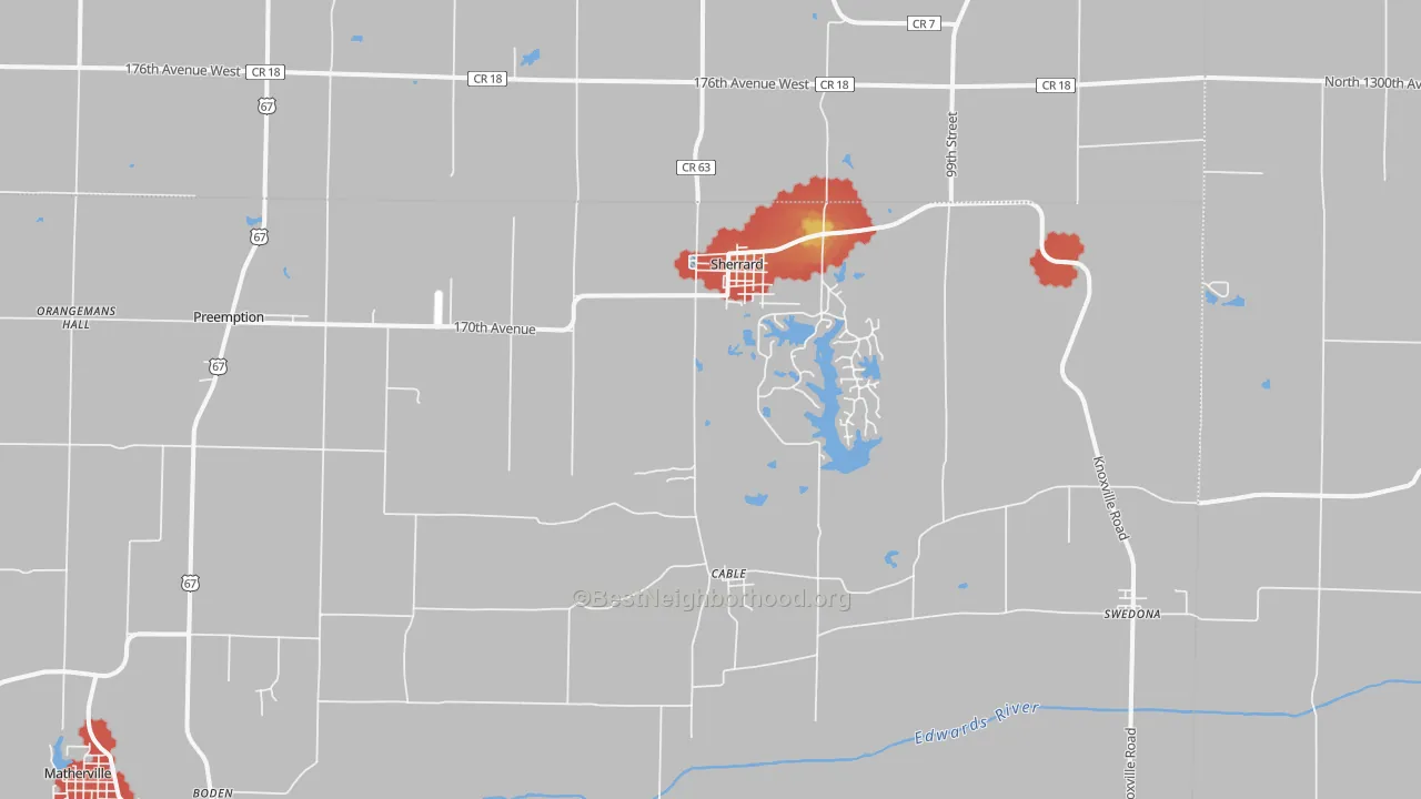 Walk Grade map of 61281, IL, walkable areas in green and car-dependent areas in red