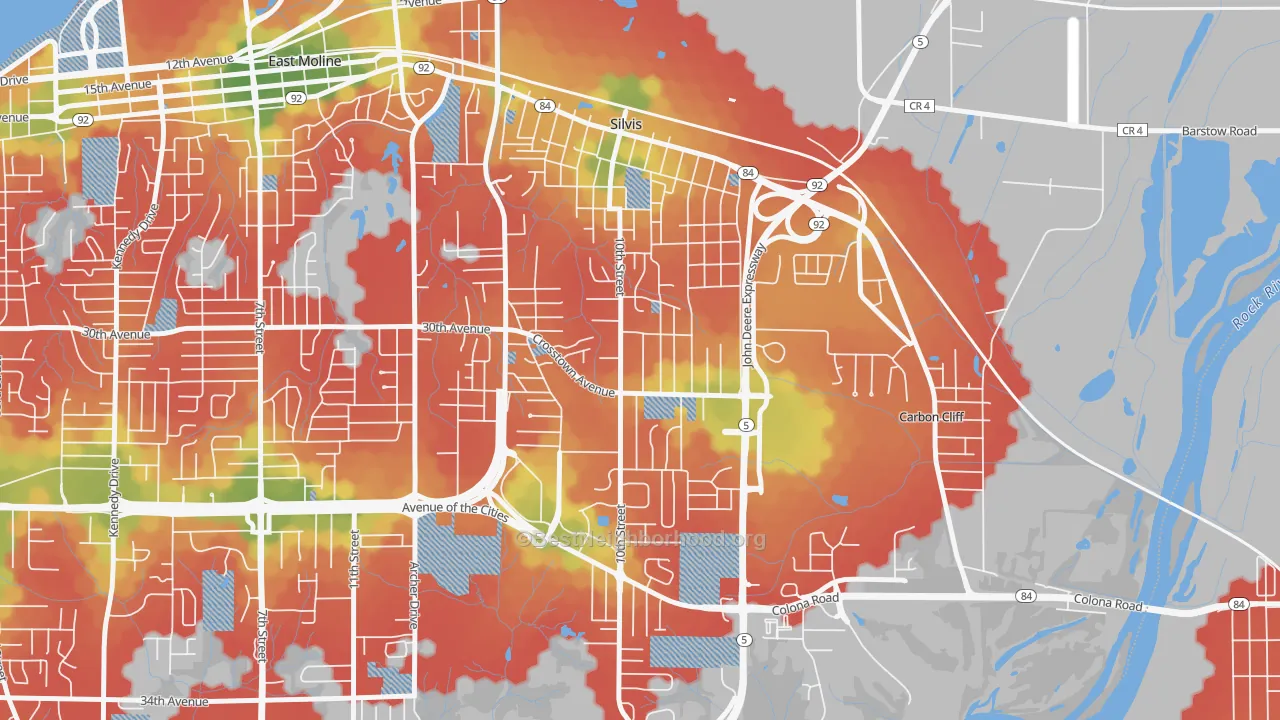 Walk Grade map of 61282, IL, walkable areas in green and car-dependent areas in red