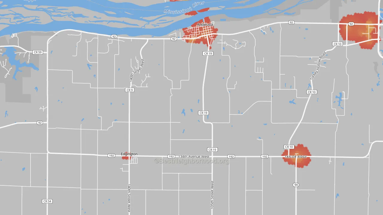 Walk Grade map of 61284, IL, walkable areas in green and car-dependent areas in red