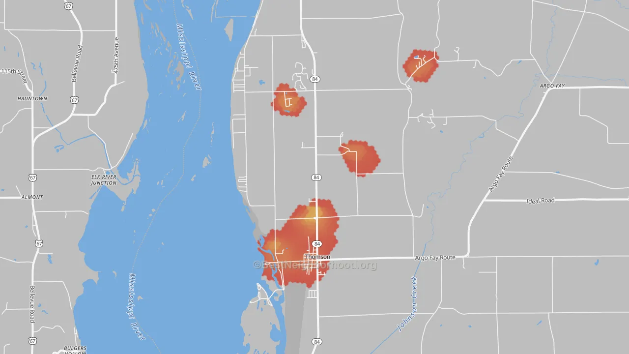 Walk Grade map of 61285, IL, walkable areas in green and car-dependent areas in red