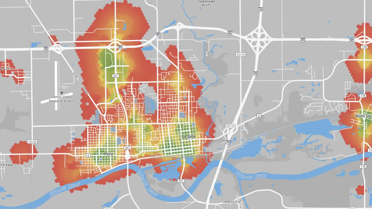 Walk Grade map of 61301, IL, walkable areas in green and car-dependent areas in red