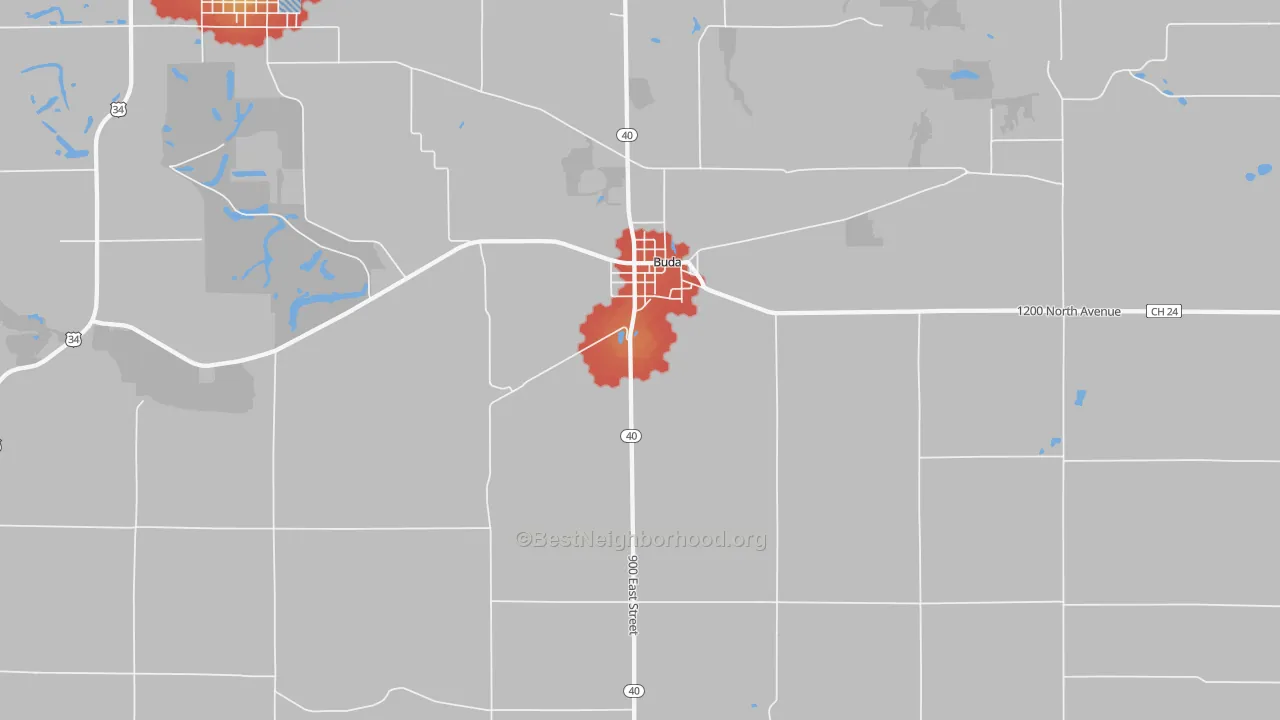 Walk Grade map of 61314, IL, walkable areas in green and car-dependent areas in red