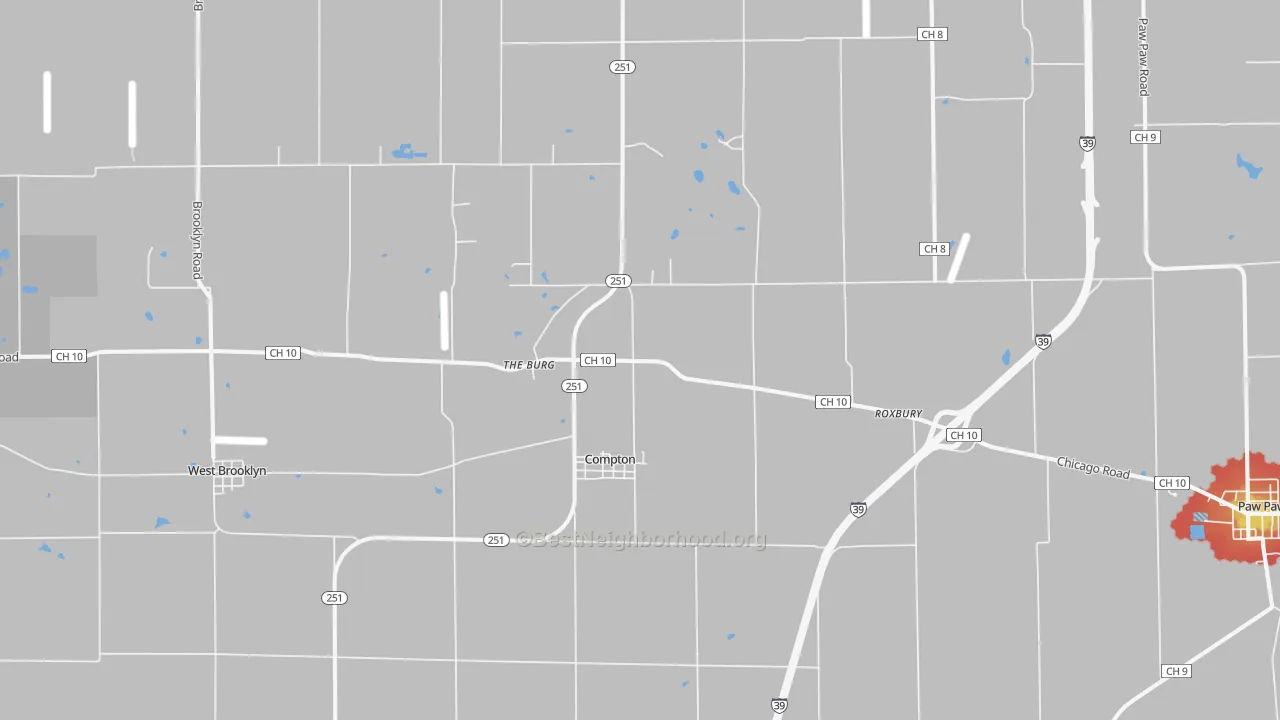 Walk Grade map of 61318, IL, walkable areas in green and car-dependent areas in red