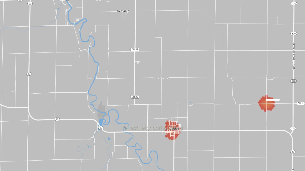 Walk Grade map of 61319, IL, walkable areas in green and car-dependent areas in red