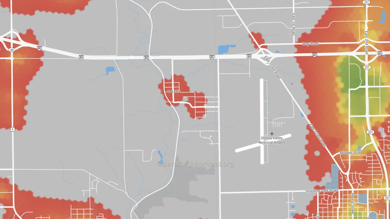 Walk Grade map of 61320, IL, walkable areas in green and car-dependent areas in red