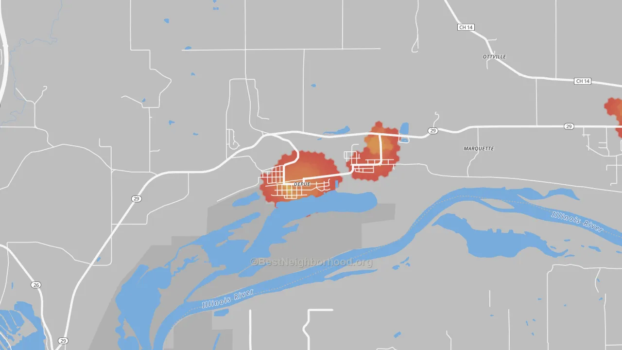 Walk Grade map of 61322, IL, walkable areas in green and car-dependent areas in red