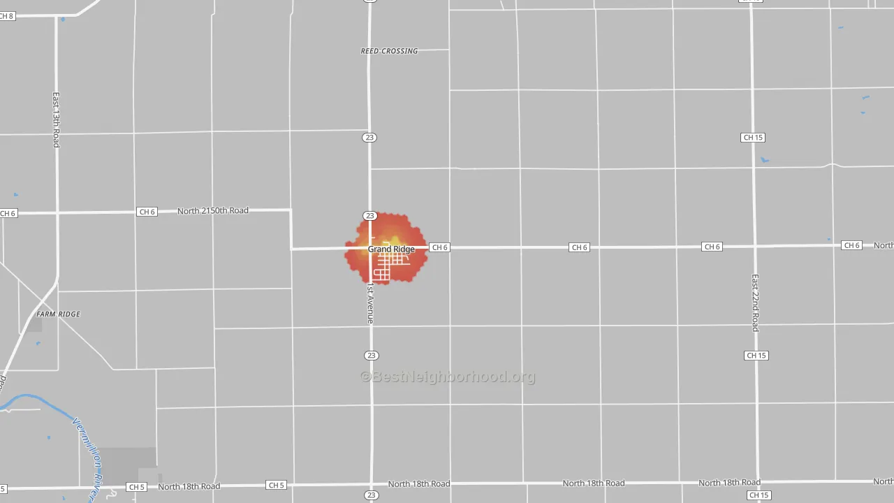 Walk Grade map of 61325, IL, walkable areas in green and car-dependent areas in red