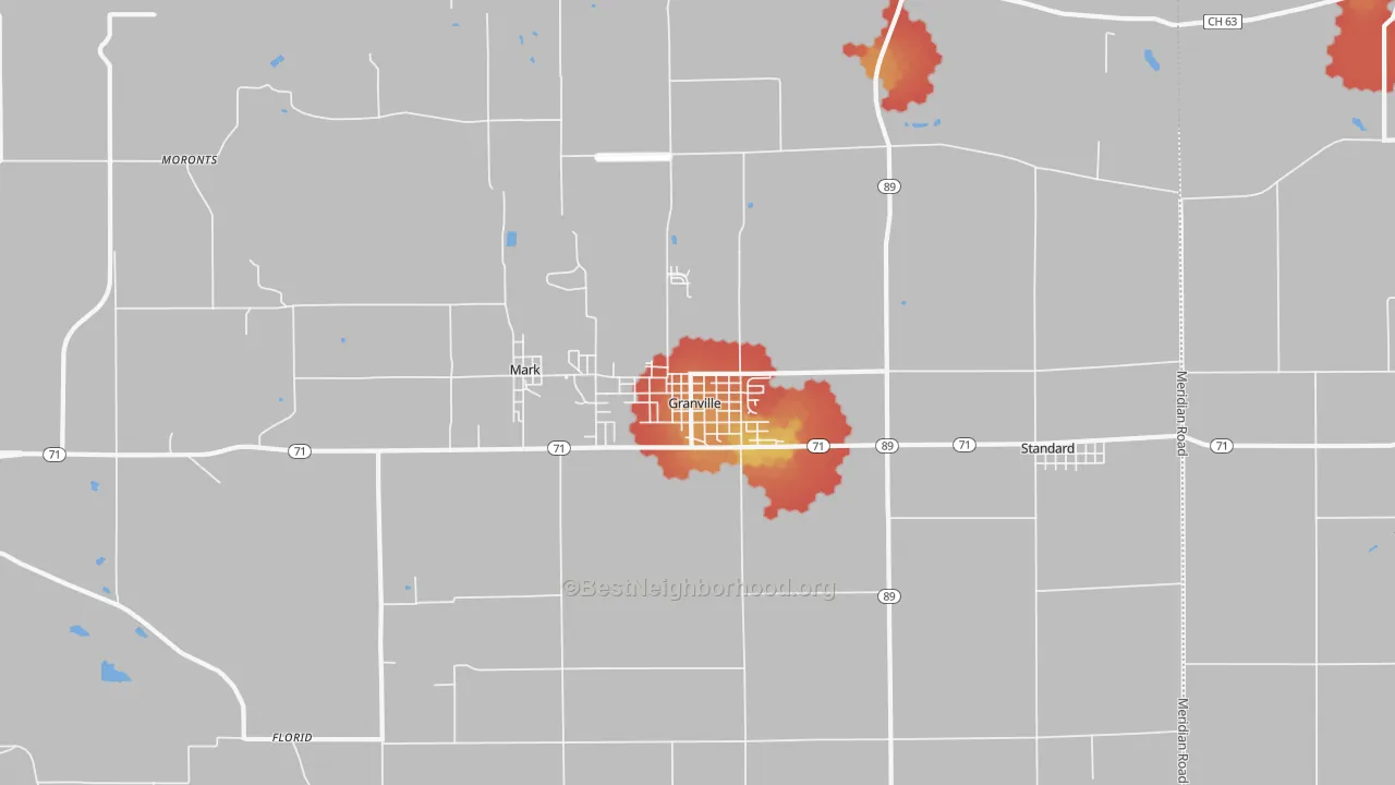 Walk Grade map of 61326, IL, walkable areas in green and car-dependent areas in red