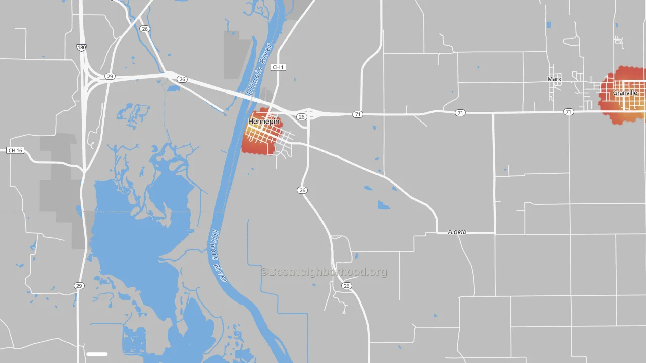 Walk Grade map of 61327, IL, walkable areas in green and car-dependent areas in red
