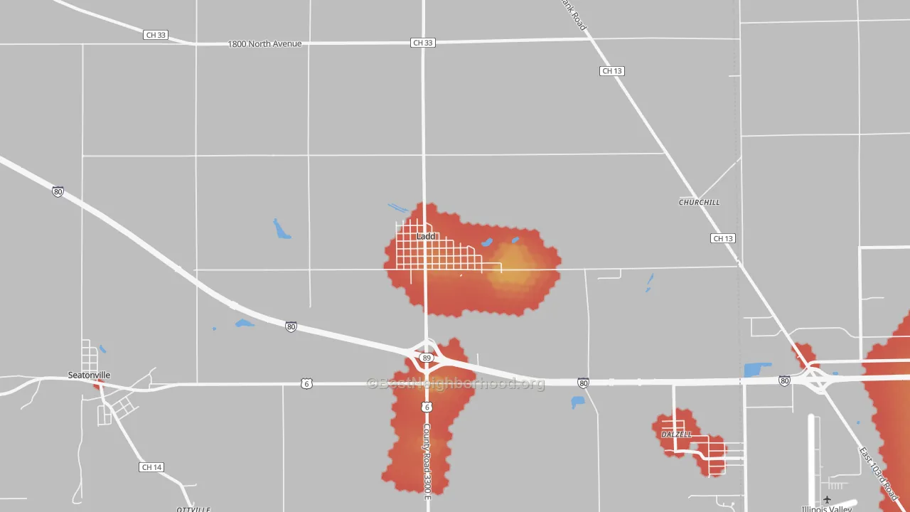 Walk Grade map of 61329, IL, walkable areas in green and car-dependent areas in red