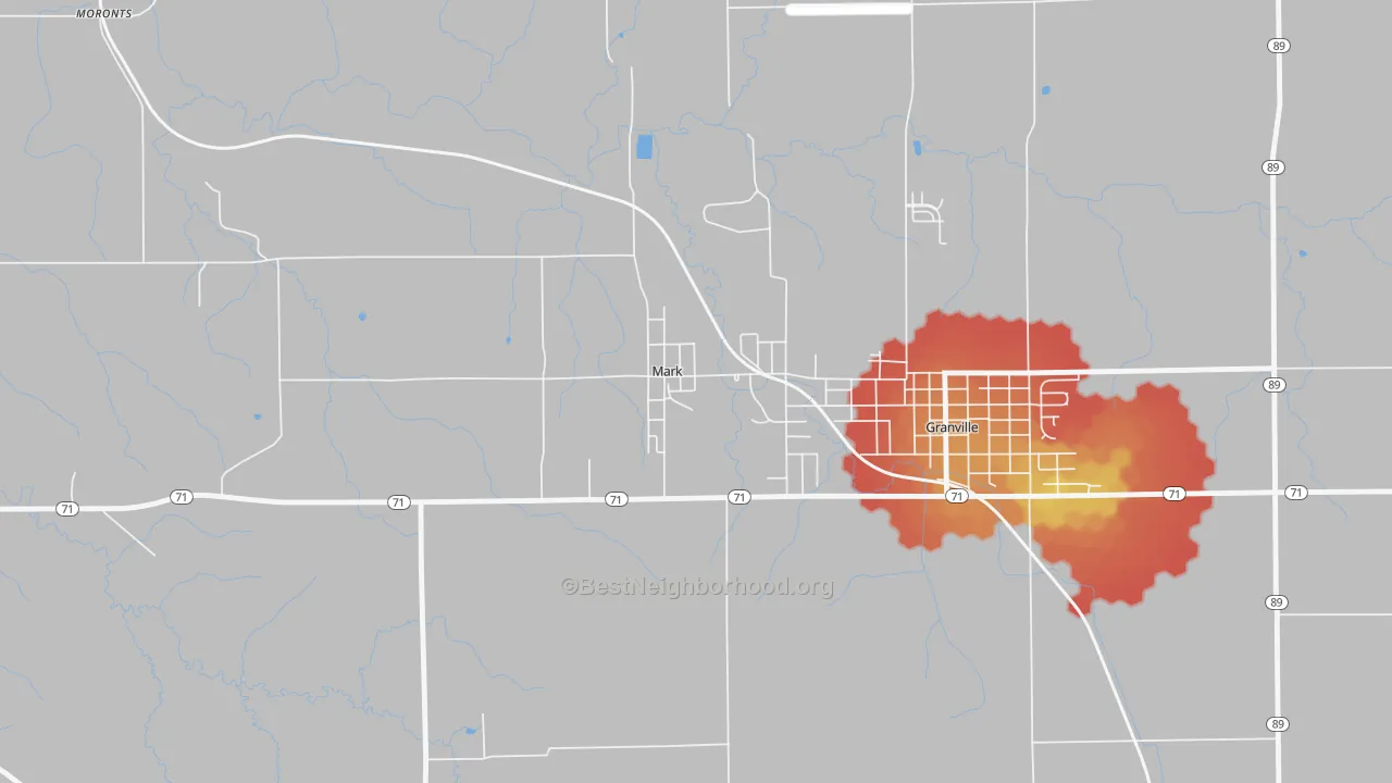 Walk Grade map of 61340, IL, walkable areas in green and car-dependent areas in red