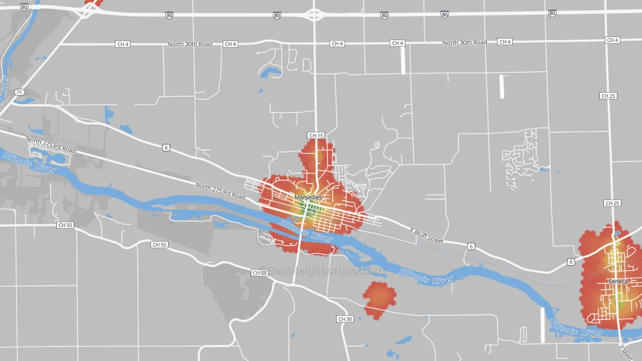 Walk Grade map of 61341, IL, walkable areas in green and car-dependent areas in red