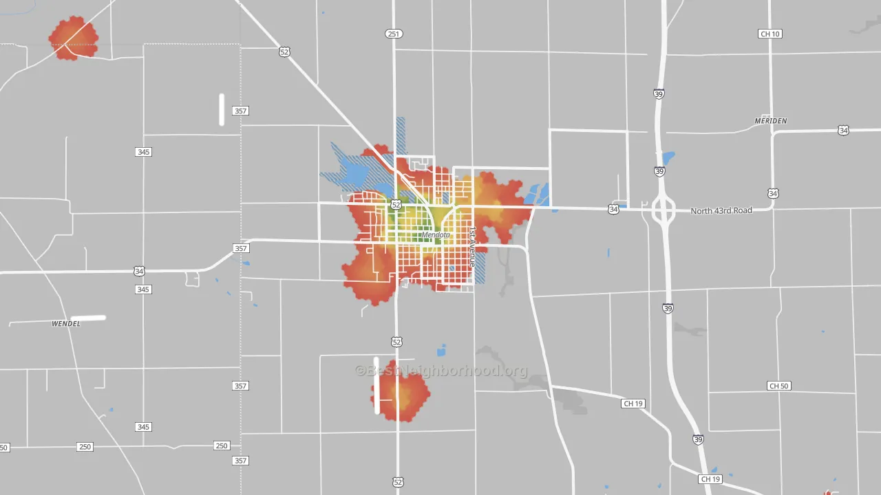 Walk Grade map of 61342, IL, walkable areas in green and car-dependent areas in red