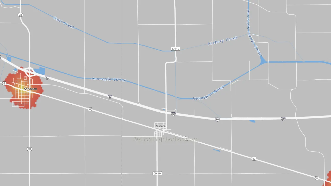 Walk Grade map of 61344, IL, walkable areas in green and car-dependent areas in red