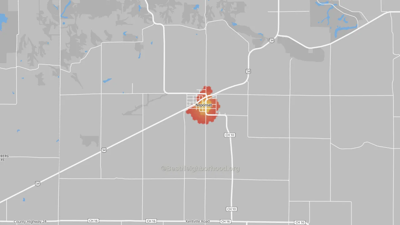 Walk Grade map of 61345, IL, walkable areas in green and car-dependent areas in red
