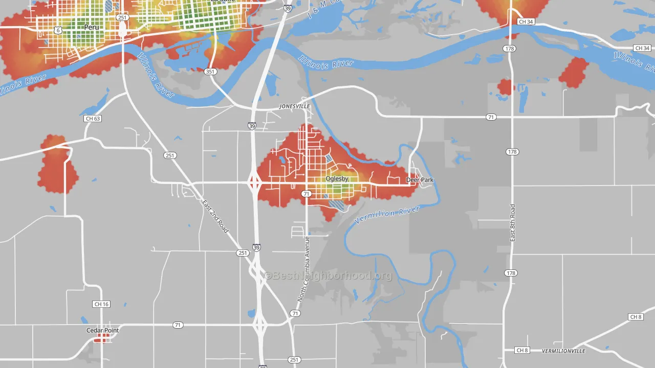 Walk Grade map of 61348, IL, walkable areas in green and car-dependent areas in red