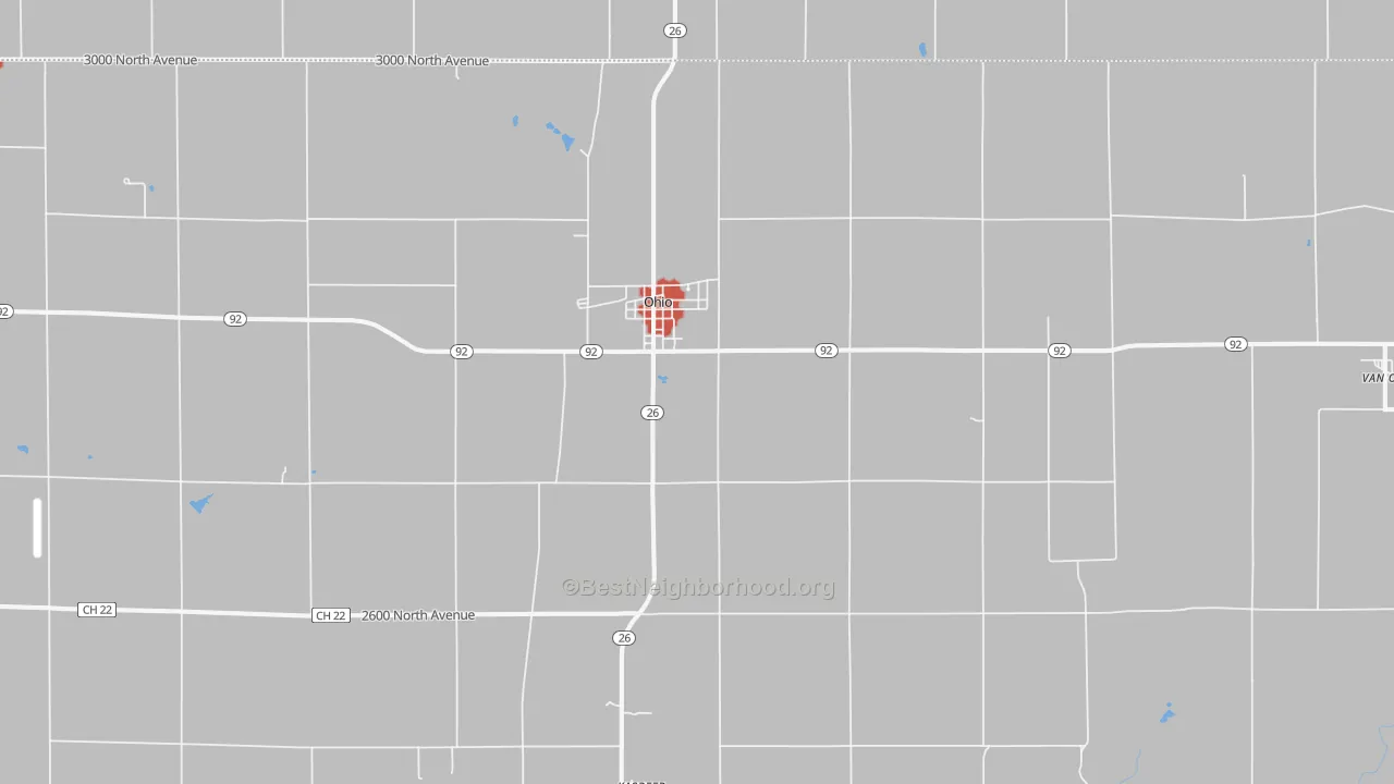 Walk Grade map of 61349, IL, walkable areas in green and car-dependent areas in red