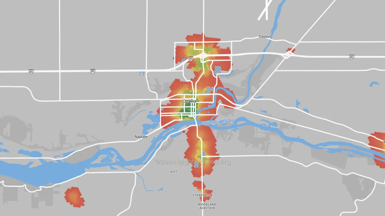 Walk Grade map of 61350, IL, walkable areas in green and car-dependent areas in red