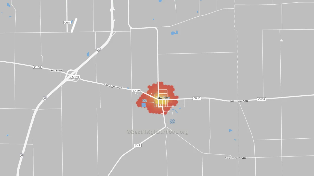 Walk Grade map of 61353, IL, walkable areas in green and car-dependent areas in red