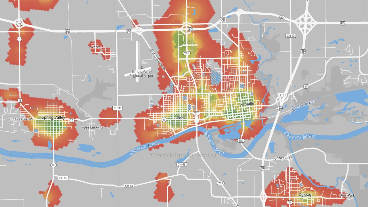 Walk Grade map of 61354, IL, walkable areas in green and car-dependent areas in red