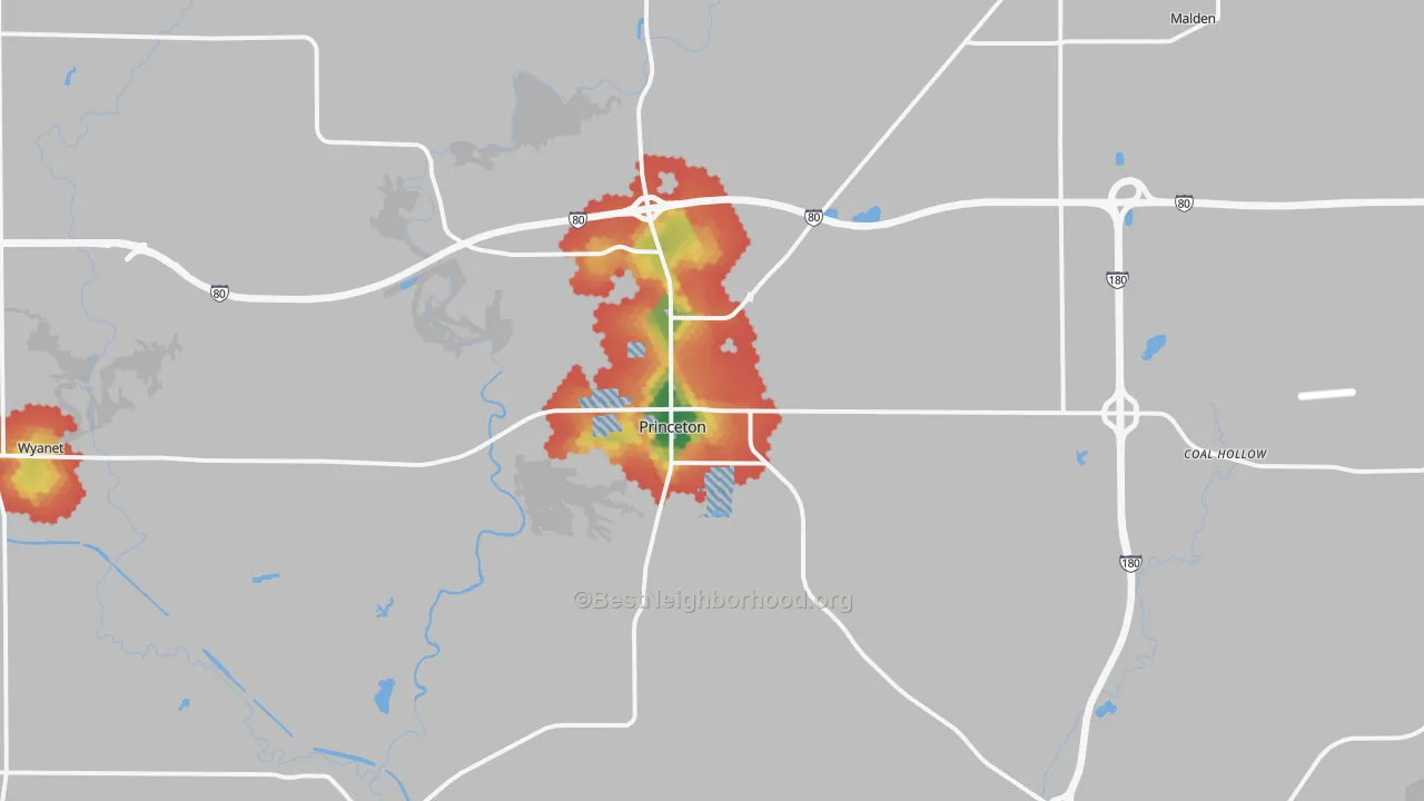 Walk Grade map of 61356, IL, walkable areas in green and car-dependent areas in red