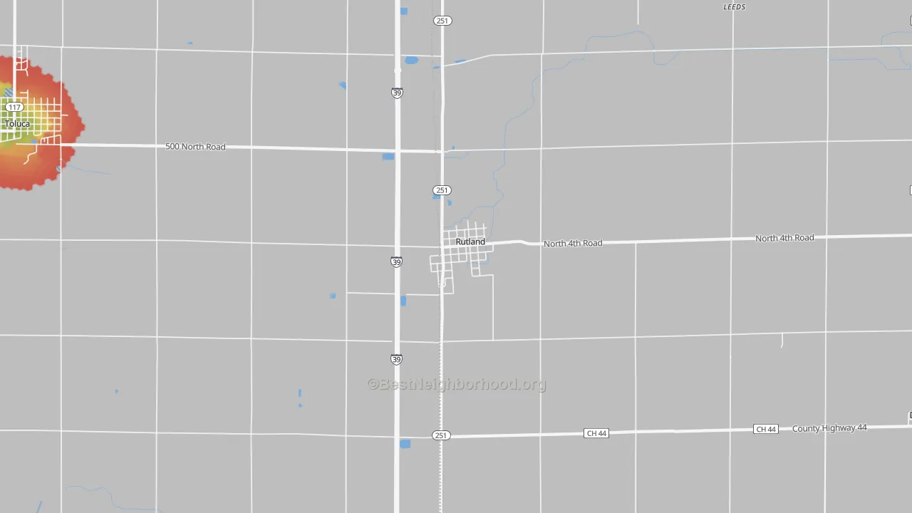 Walk Grade map of 61358, IL, walkable areas in green and car-dependent areas in red