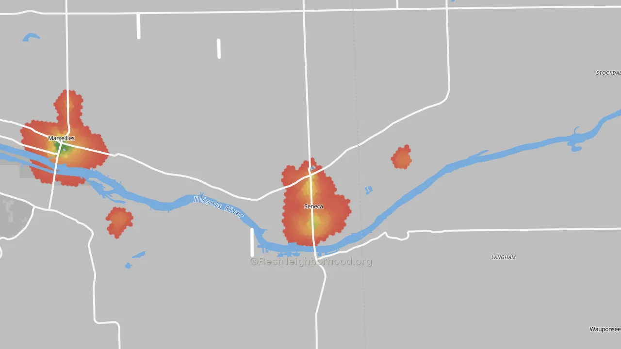 Walk Grade map of 61360, IL, walkable areas in green and car-dependent areas in red