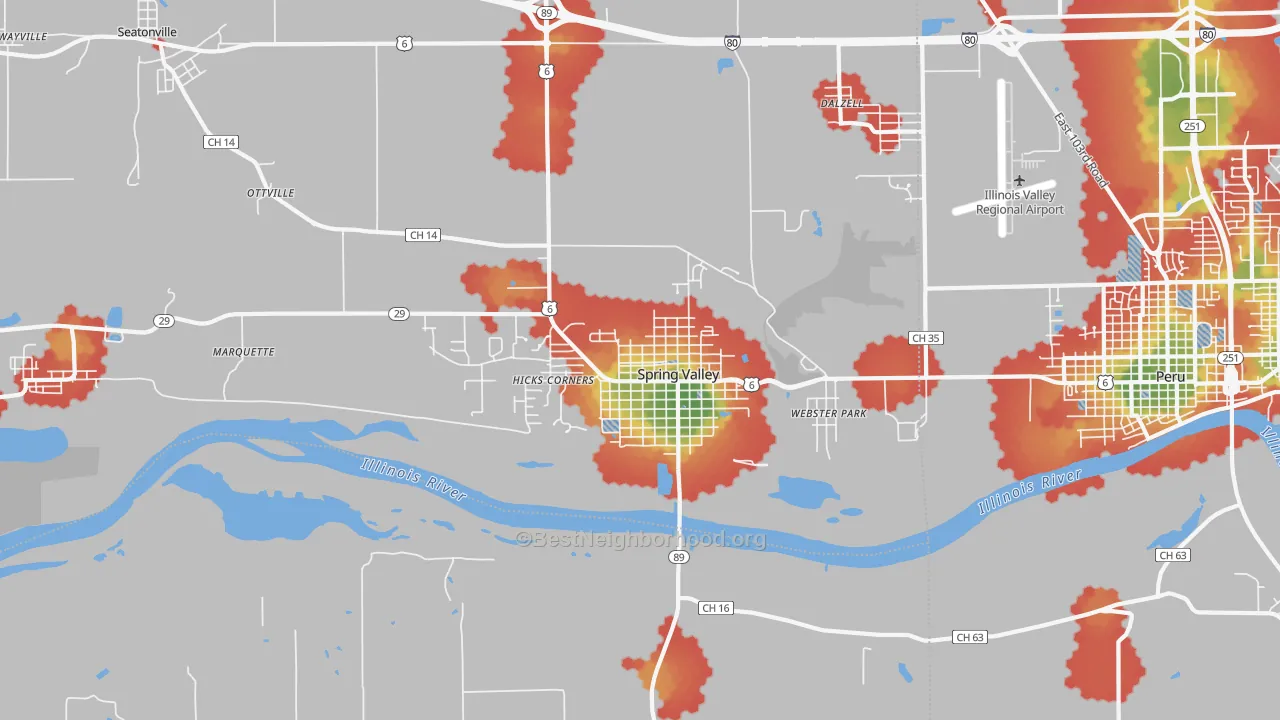 Walk Grade map of 61362, IL, walkable areas in green and car-dependent areas in red