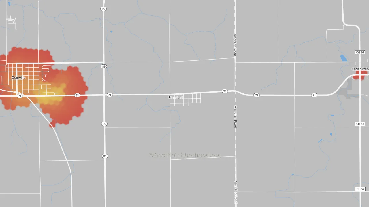 Walk Grade map of 61363, IL, walkable areas in green and car-dependent areas in red