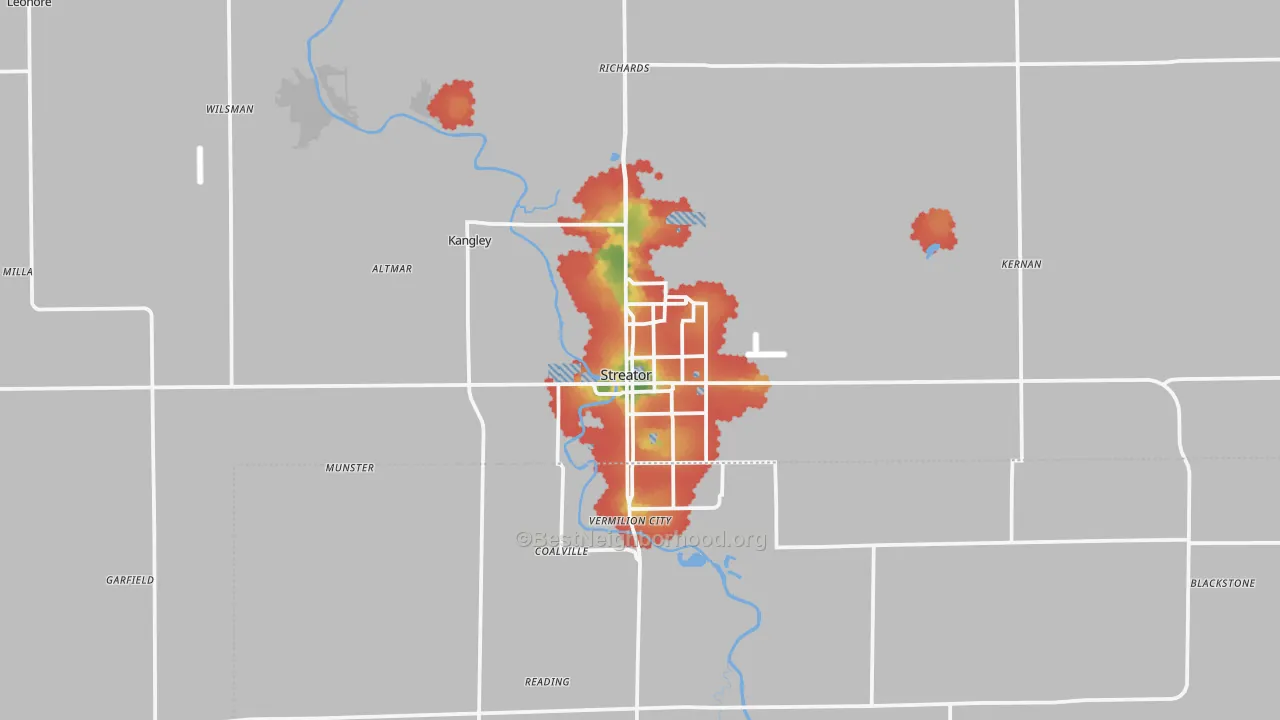 Walk Grade map of 61364, IL, walkable areas in green and car-dependent areas in red