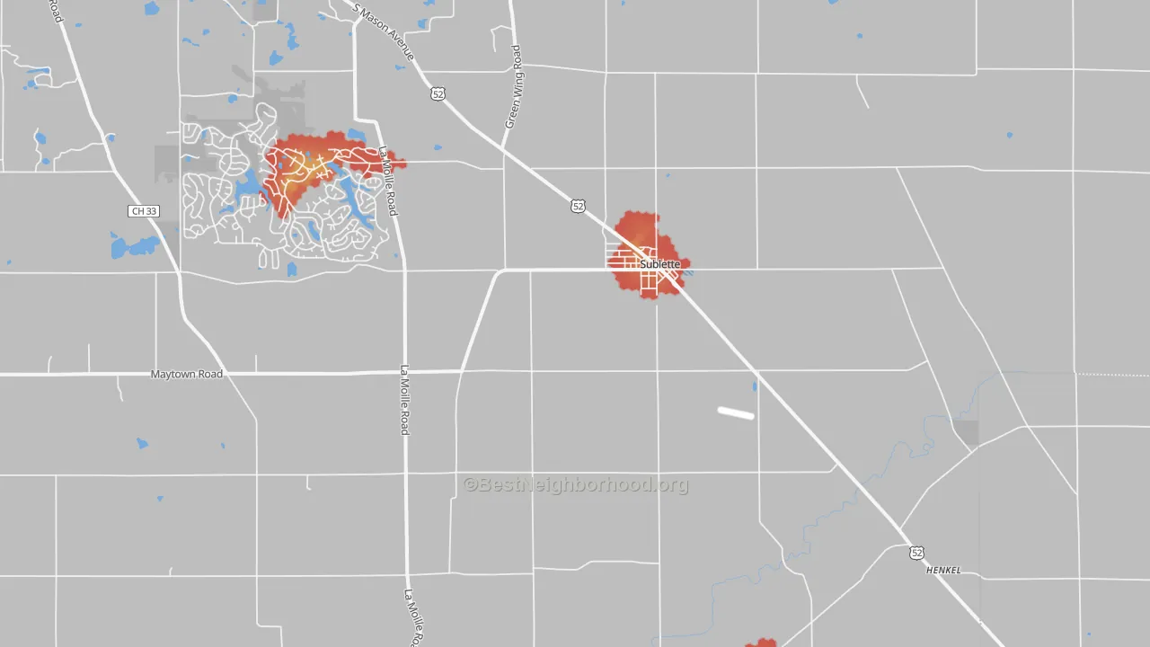 Walk Grade map of 61367, IL, walkable areas in green and car-dependent areas in red