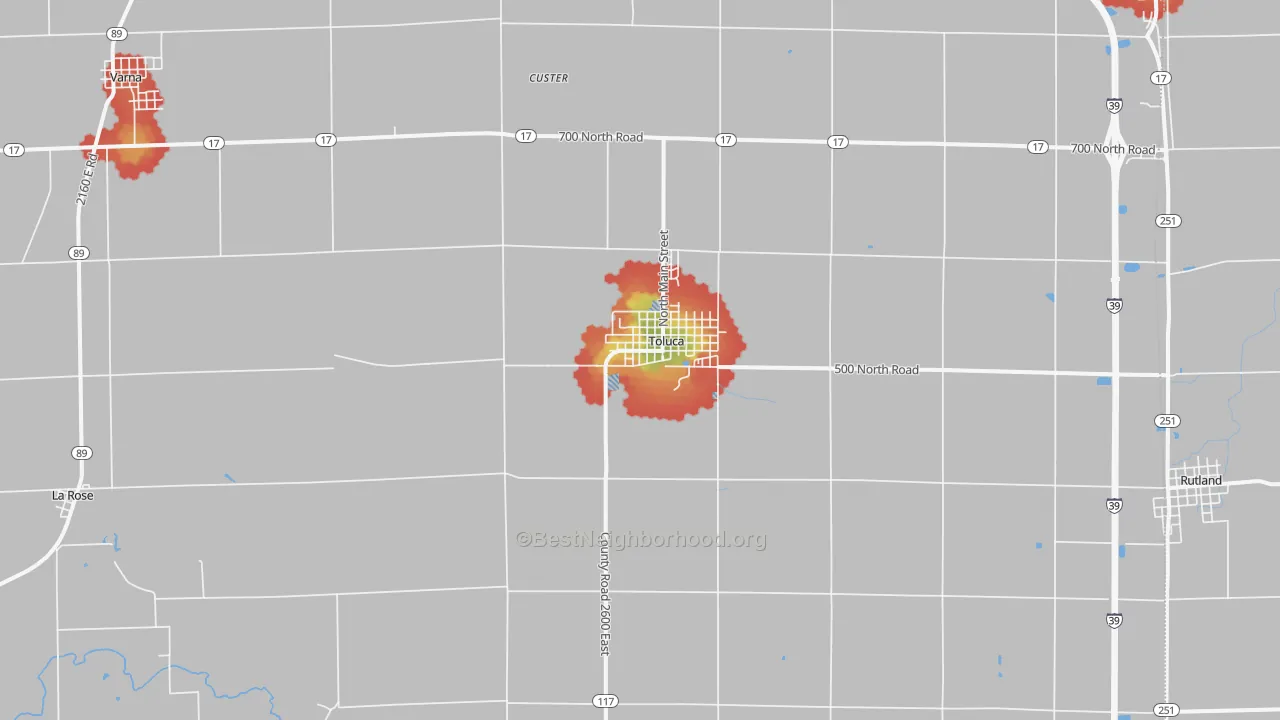 Walk Grade map of 61369, IL, walkable areas in green and car-dependent areas in red