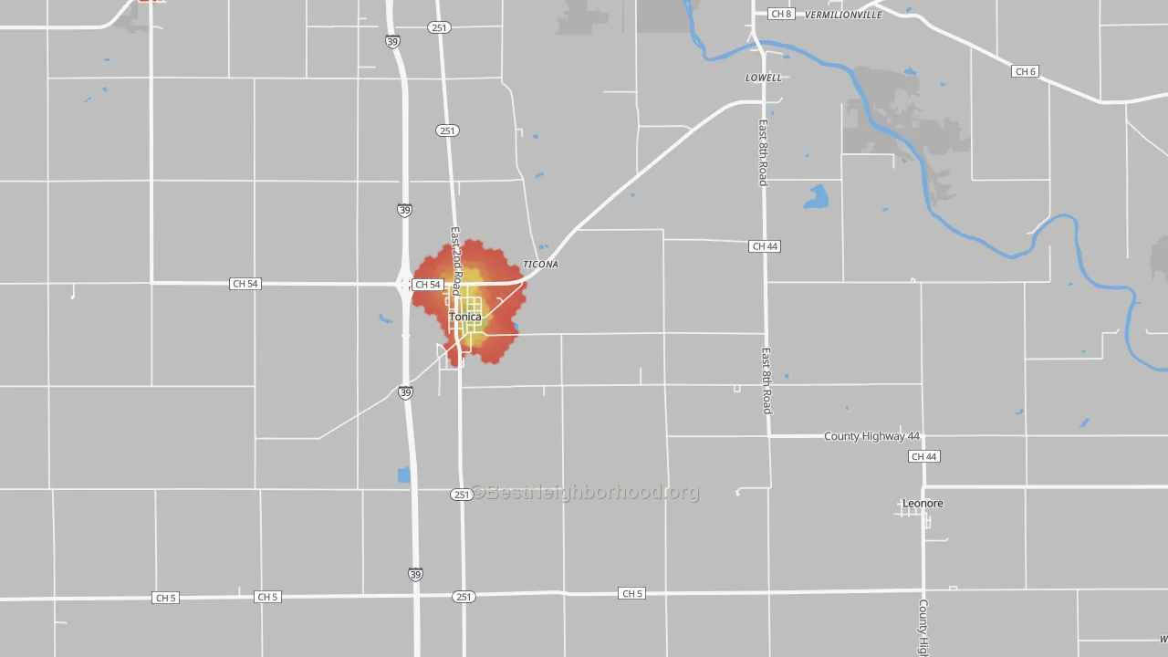 Walk Grade map of 61370, IL, walkable areas in green and car-dependent areas in red