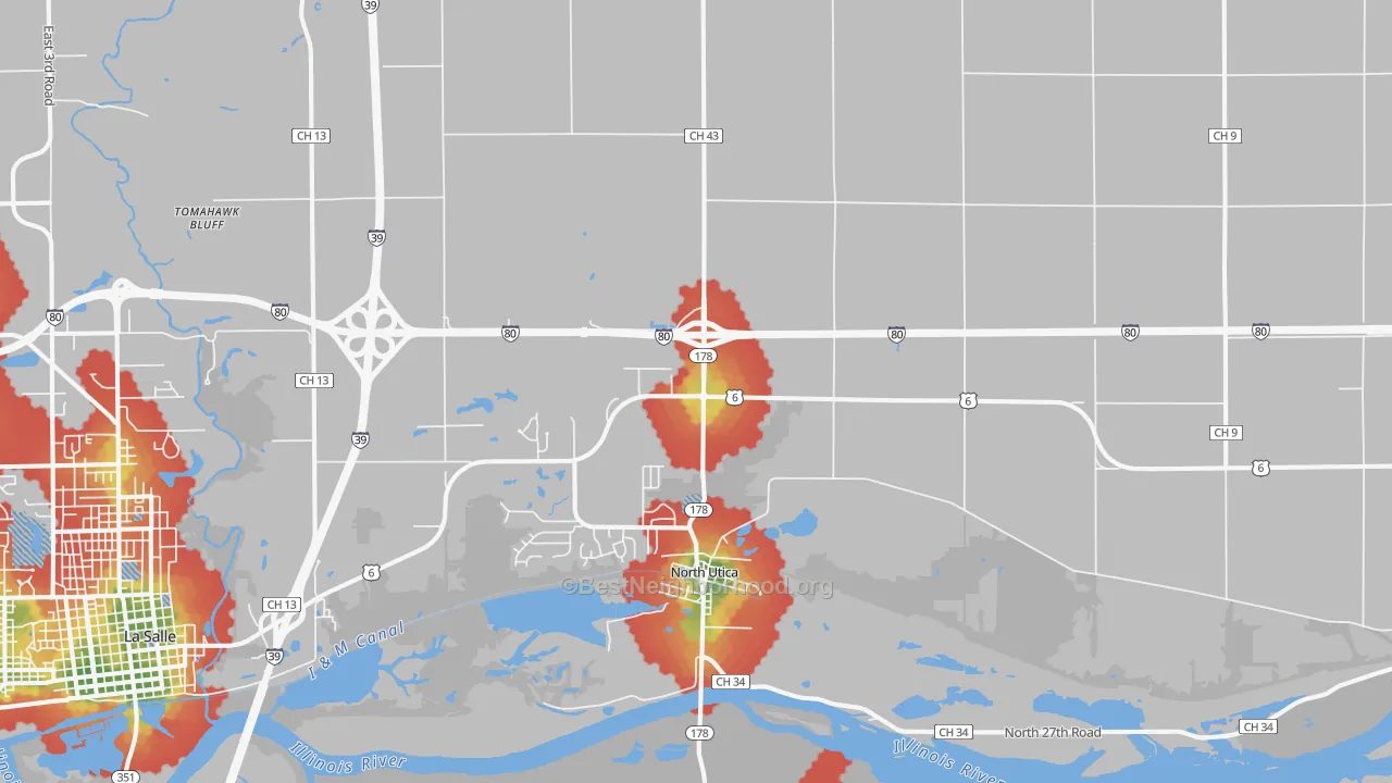 Walk Grade map of 61373, IL, walkable areas in green and car-dependent areas in red