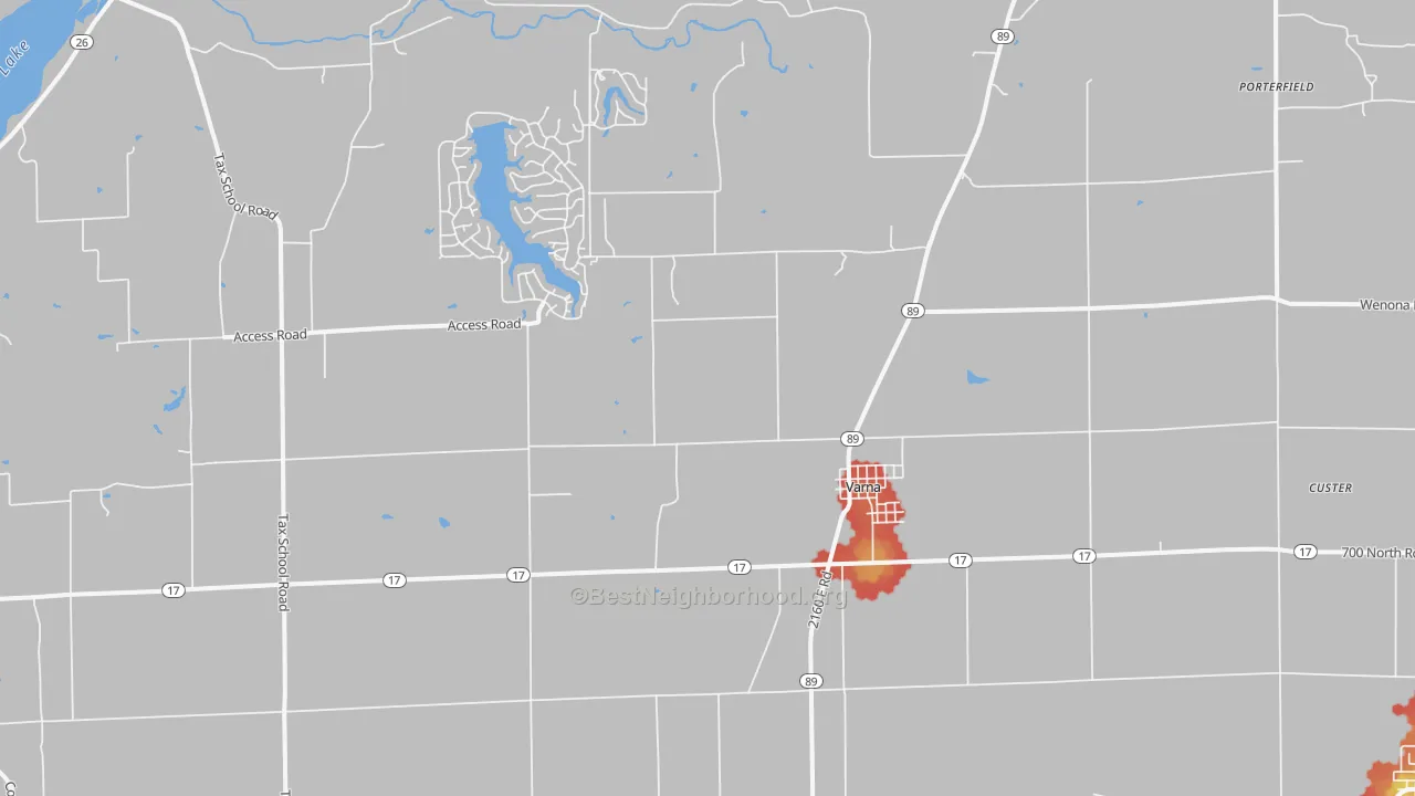 Walk Grade map of 61375, IL, walkable areas in green and car-dependent areas in red