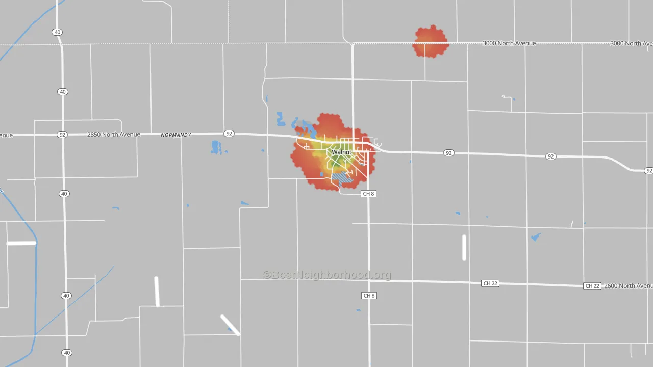 Walk Grade map of 61376, IL, walkable areas in green and car-dependent areas in red