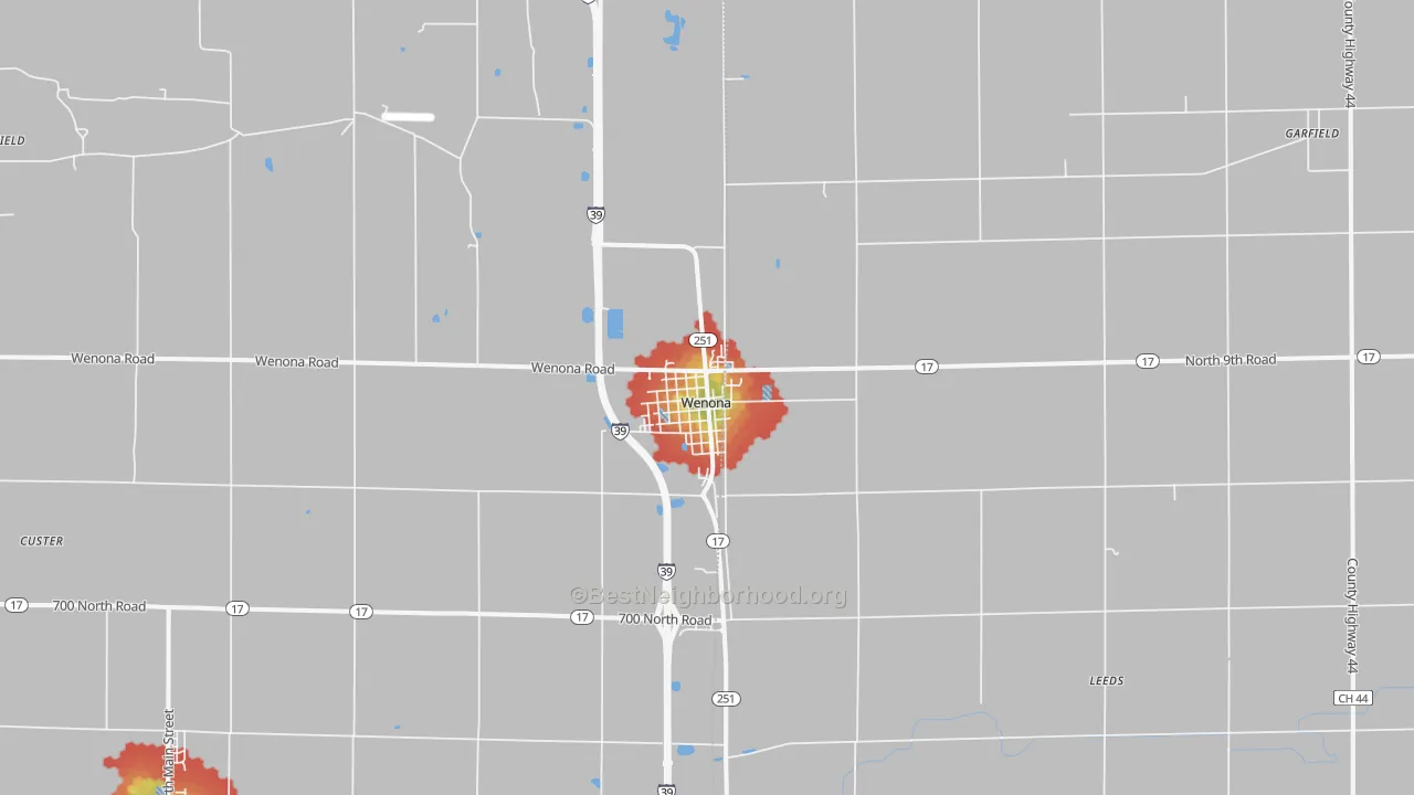 Walk Grade map of 61377, IL, walkable areas in green and car-dependent areas in red