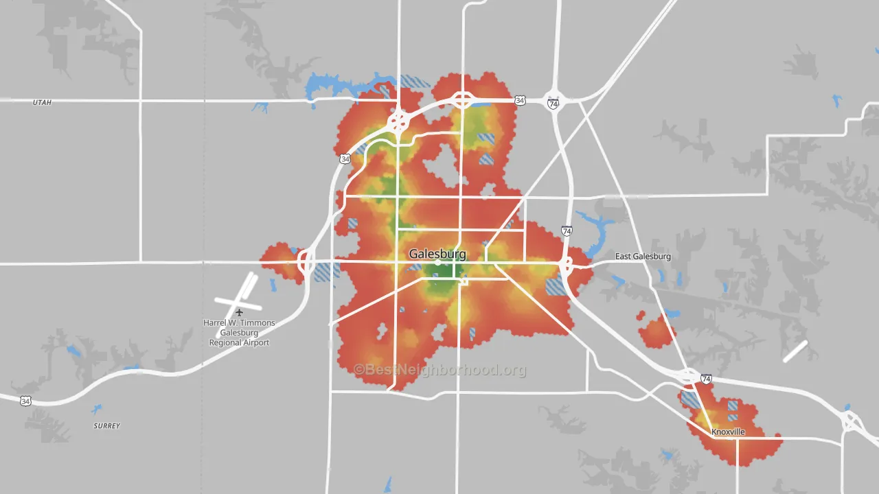 Walk Grade map of 61401, IL, walkable areas in green and car-dependent areas in red