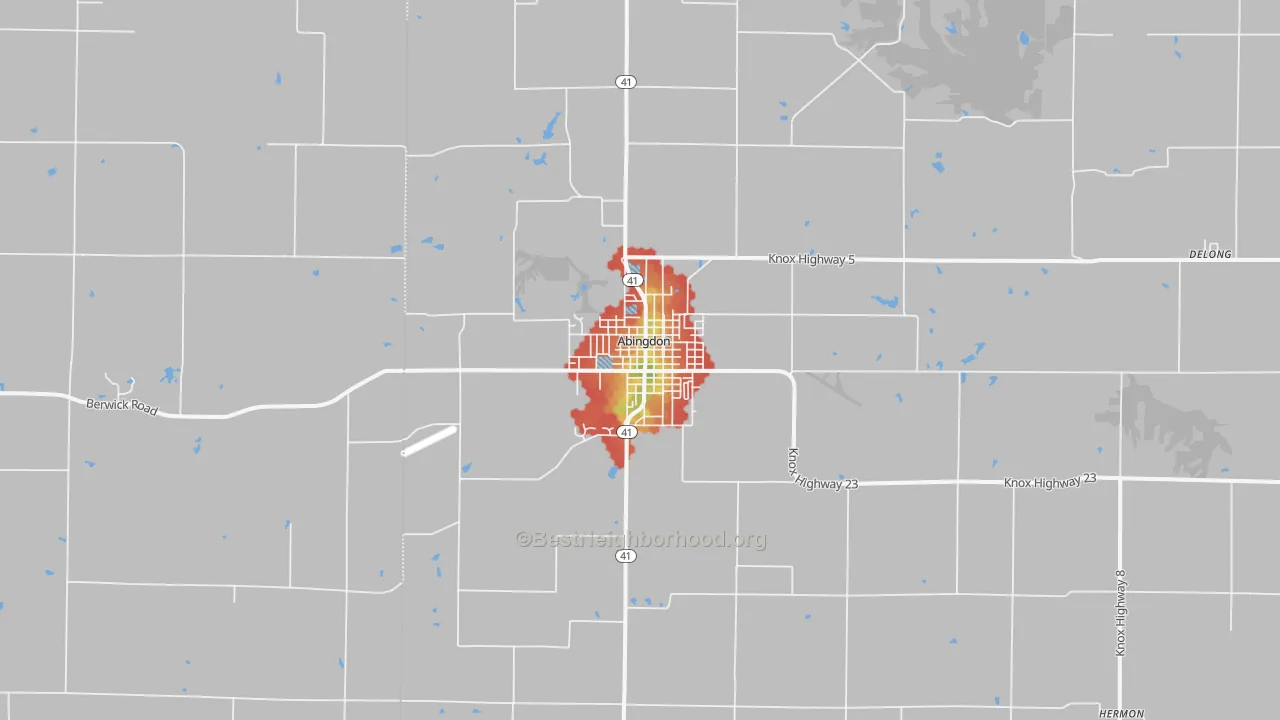 Walk Grade map of 61410, IL, walkable areas in green and car-dependent areas in red