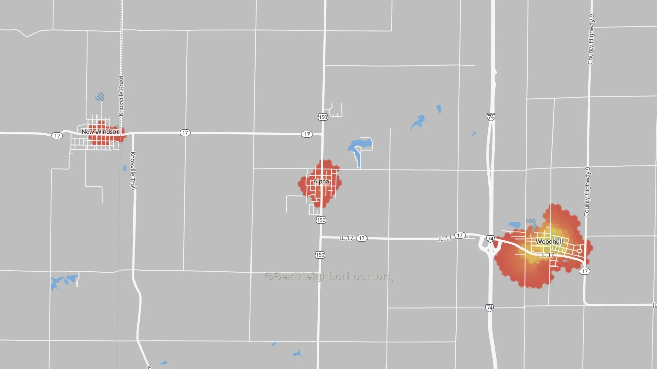 Walk Grade map of 61413, IL, walkable areas in green and car-dependent areas in red