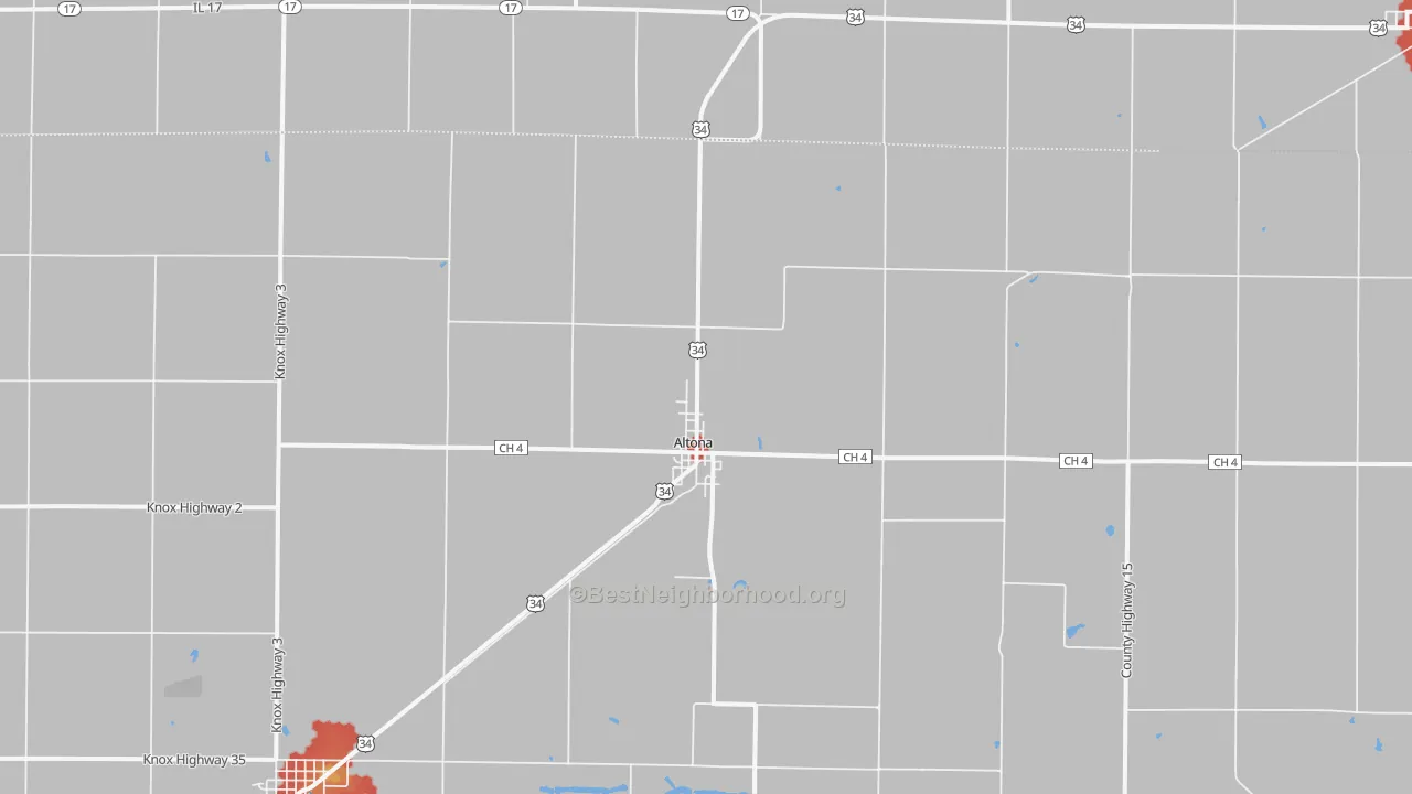 Walk Grade map of 61414, IL, walkable areas in green and car-dependent areas in red