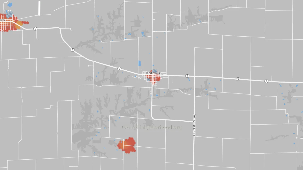 Walk Grade map of 61420, IL, walkable areas in green and car-dependent areas in red