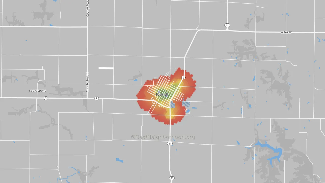 Walk Grade map of 61422, IL, walkable areas in green and car-dependent areas in red