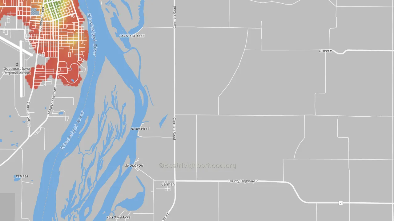 Walk Grade map of 61425, IL, walkable areas in green and car-dependent areas in red